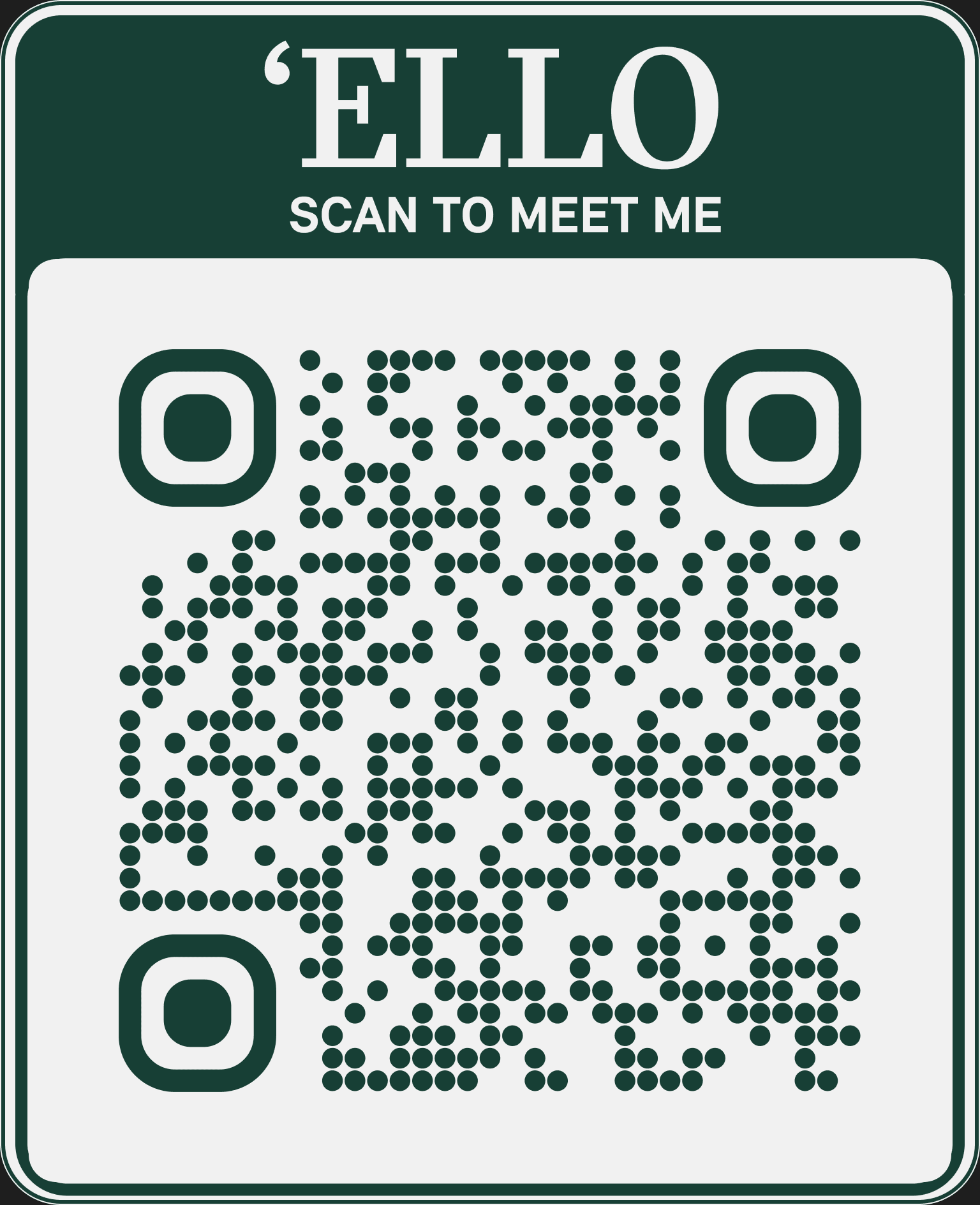 A Meet My MINI window cling reading ’Ello, scan to meet me, with a QR code